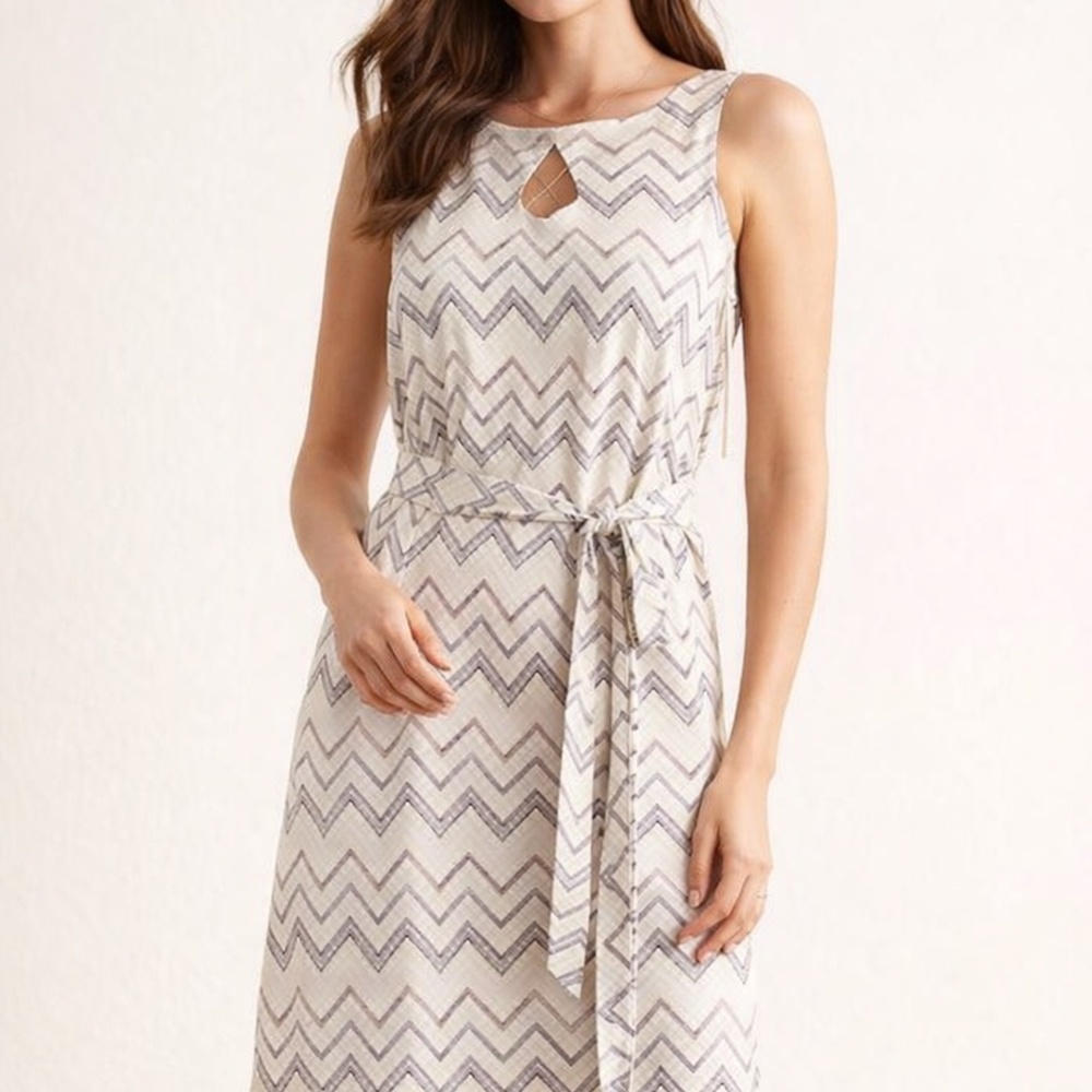 LOFT Blue Embroidered Chevron Cotton Midi Dress Size 14 NWT Tie Waist